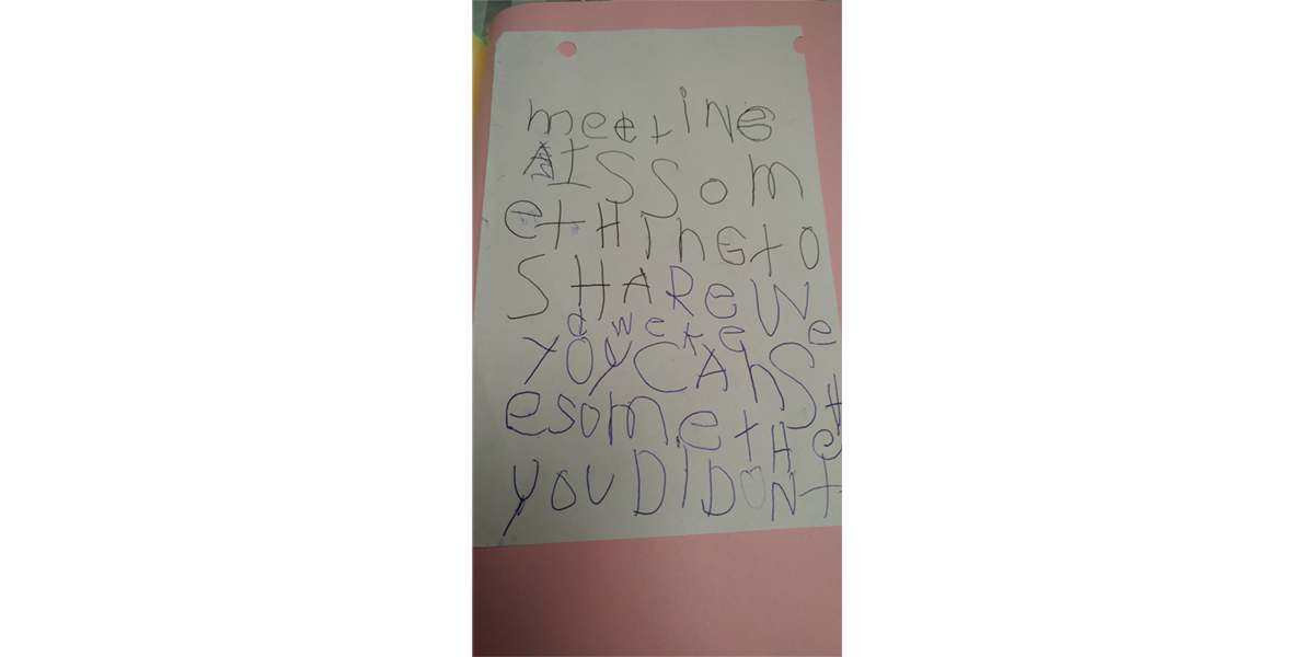 A child's writing about meeting times