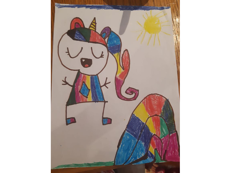 a child's drawing of a unicorn and rainbow